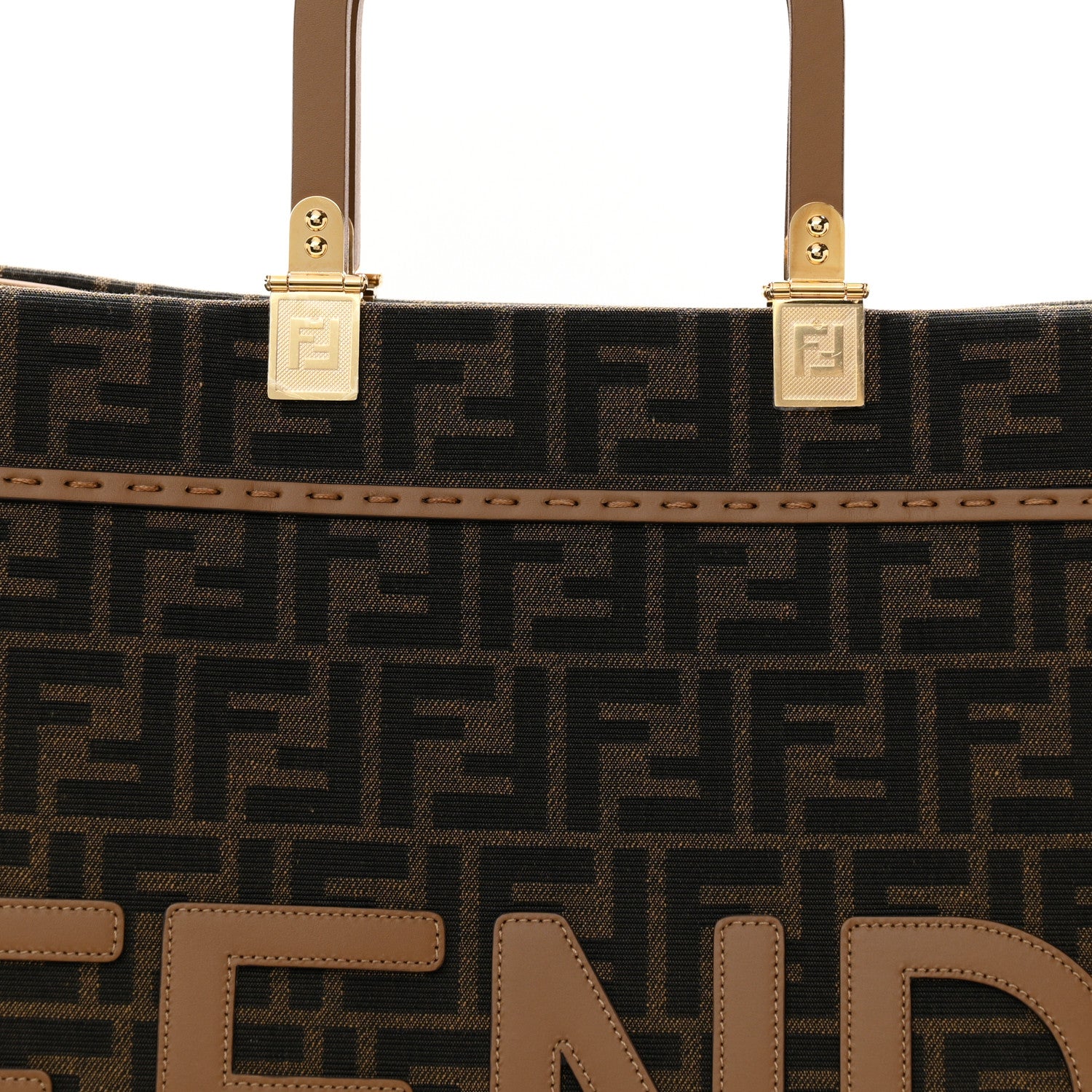 Fendi Fabric Jacquard FF 1974 Logo Large Fendi Sunshine Shopper Tote Tobacco Moro Sand 7 of 9