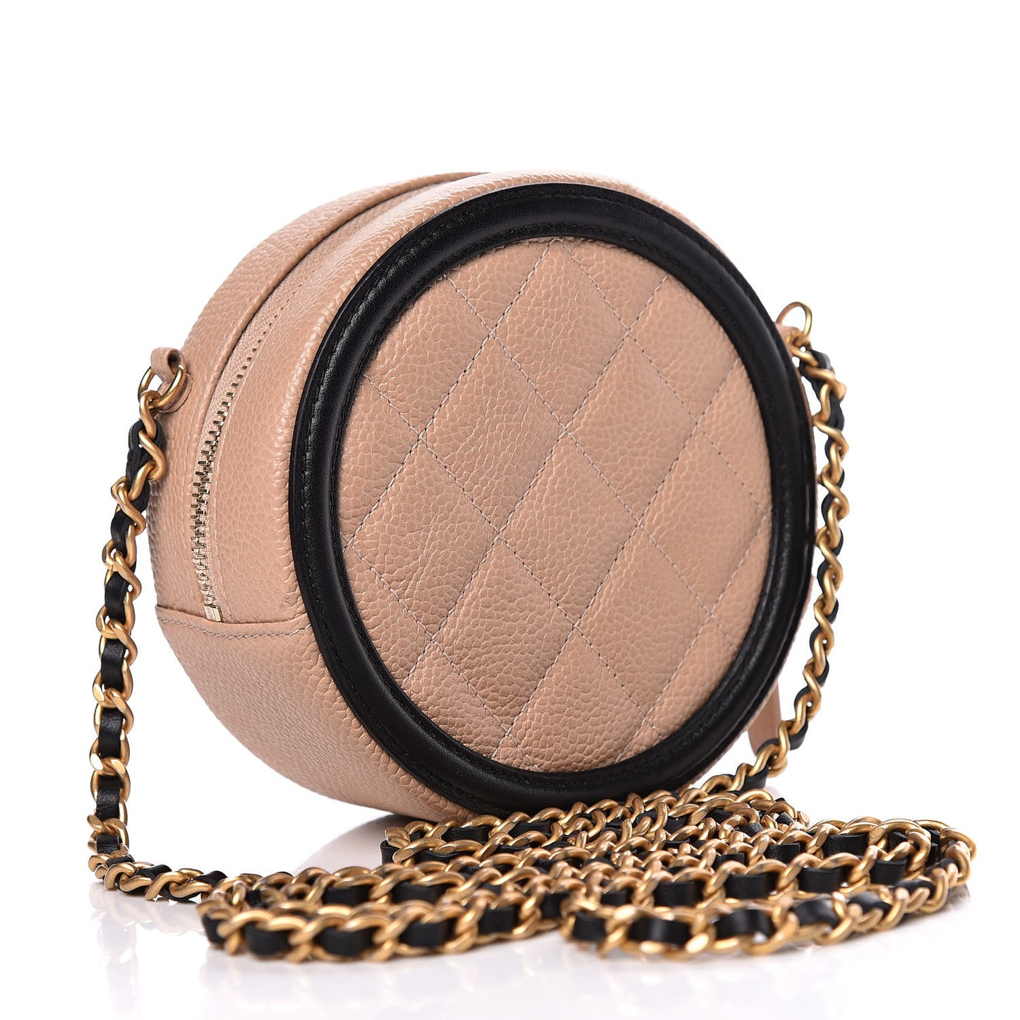 Caviar Quilted Round Filigree Crossbody Beige Black