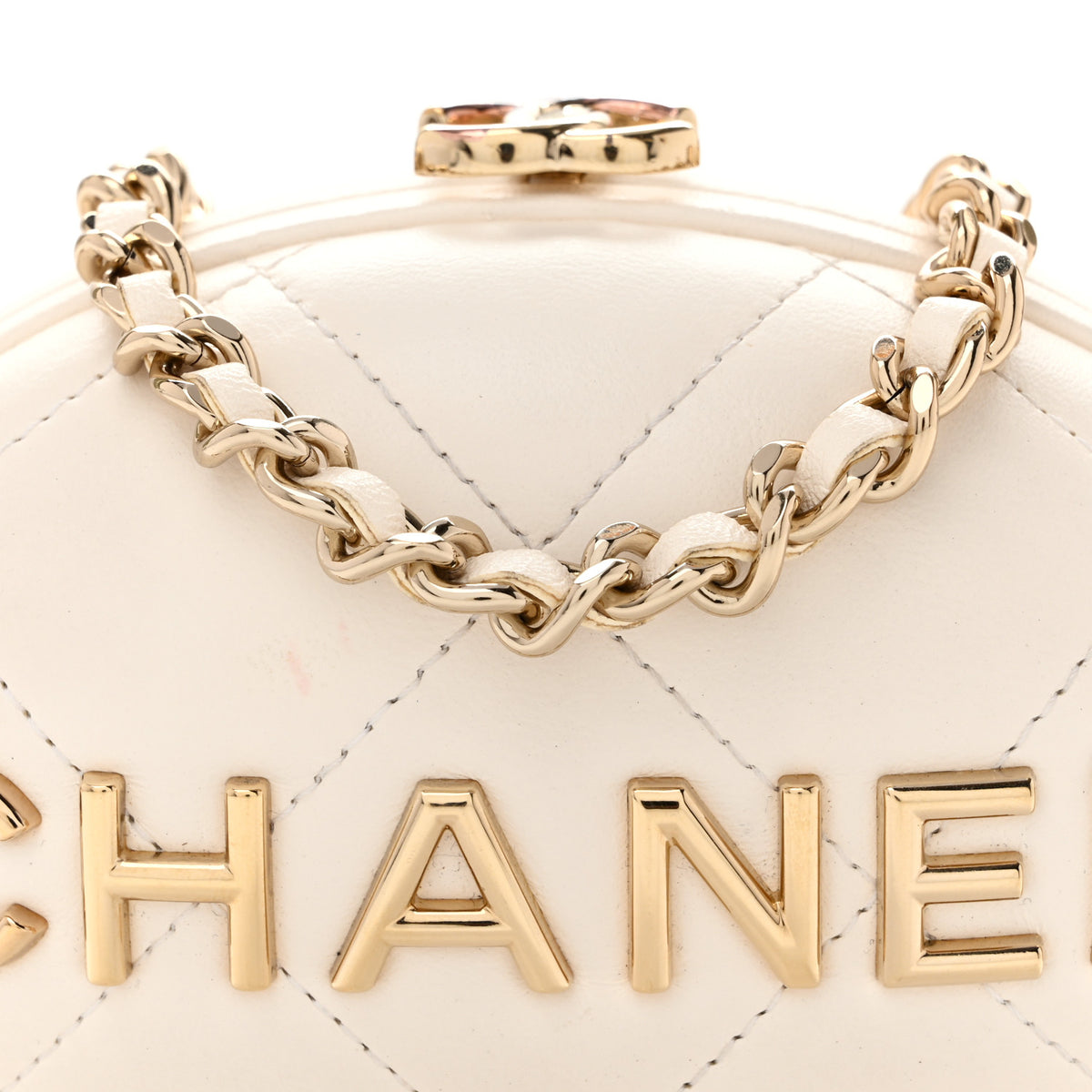 Lambskin Quilted Oval Minaudiere Chain Clutch White