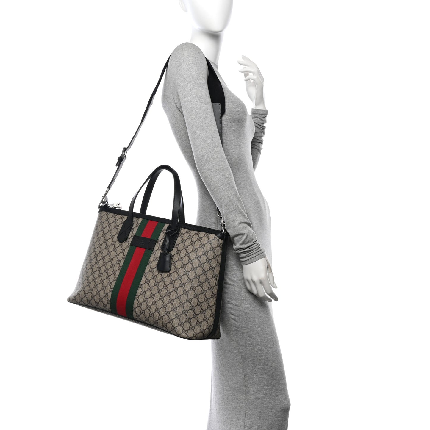 GG Supreme Monogram Web Medium Zippered Tote Beige Black