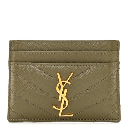 Saint Laurent Grain De Poudre Matelasse Chevron Monogram Credit Card Case Vert Kaki 1 of 7