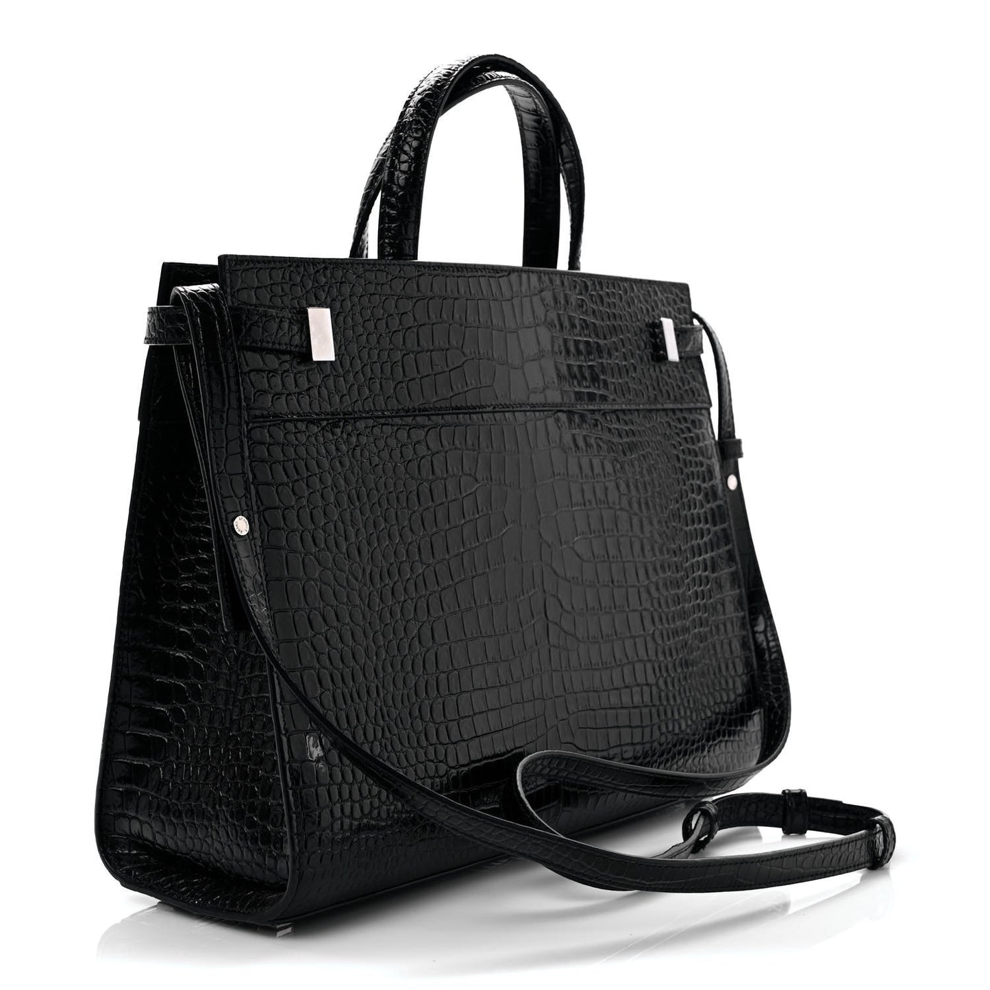 Shiny Calfskin Crocodile Embossed Small Manhattan Shopper Tote Black
