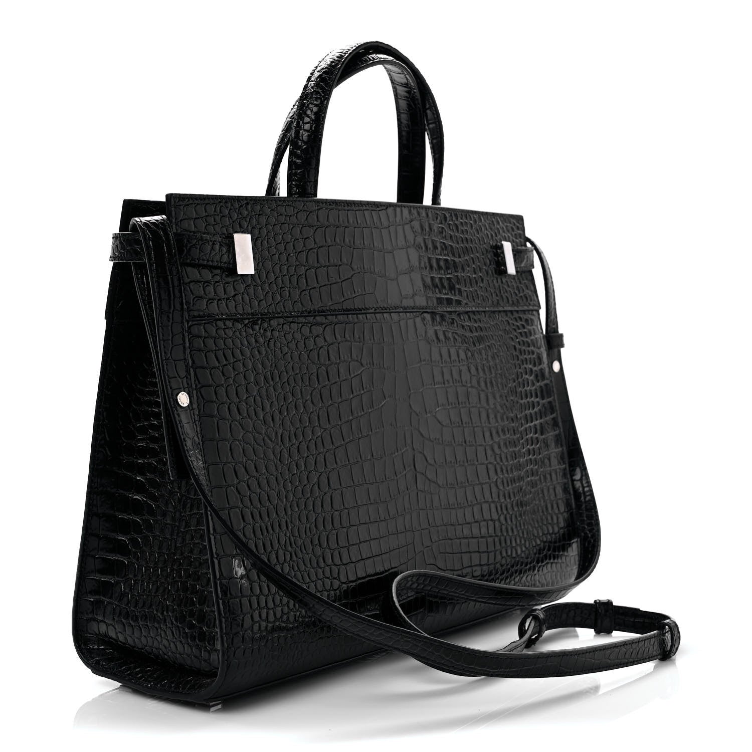 Saint Laurent Shiny Calfskin Crocodile Embossed Small Manhattan Shopper Tote Black 3 of 10