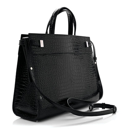 Saint Laurent Shiny Calfskin Crocodile Embossed Small Manhattan Shopper Tote Black 3 of 10
