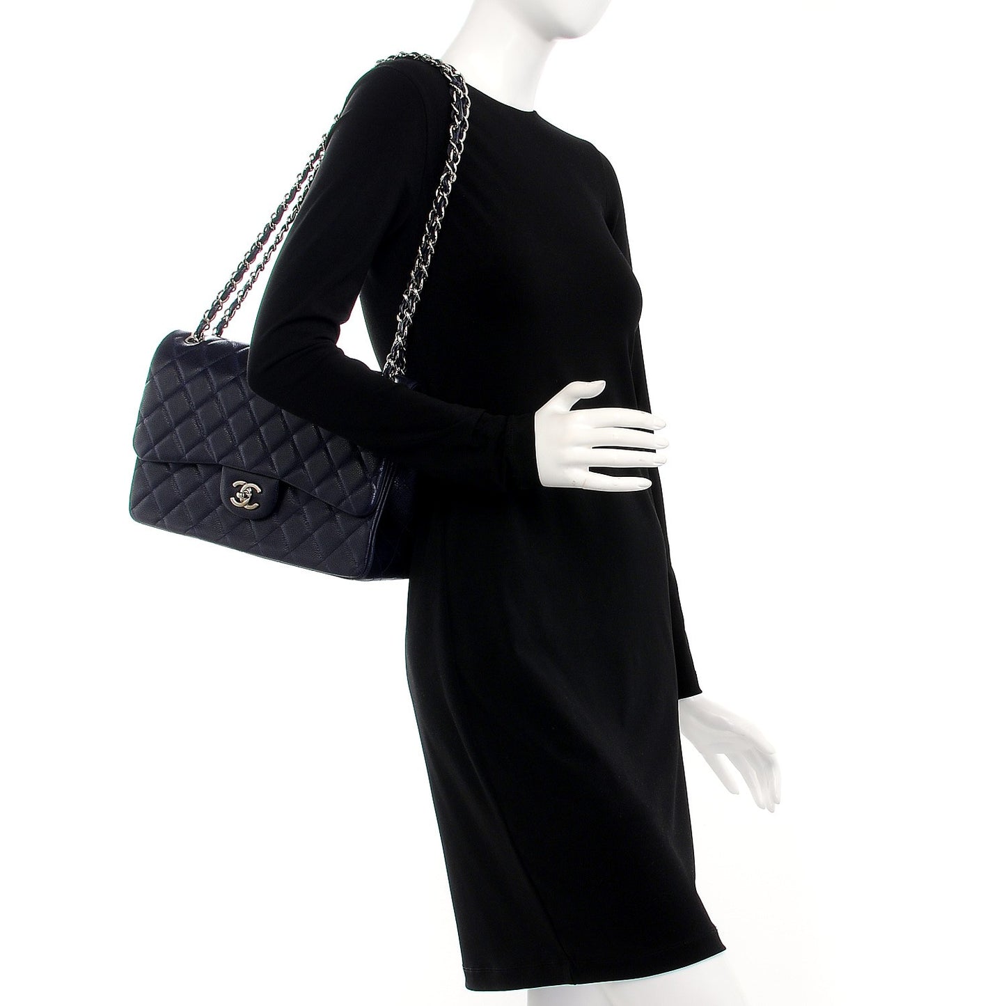 Caviar Quilted Jumbo Double Flap Navy Blue