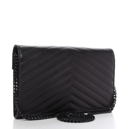 Saint Laurent Grain De Poudre Matelasse Chevron Monogram Chain Wallet Black 3 of 10