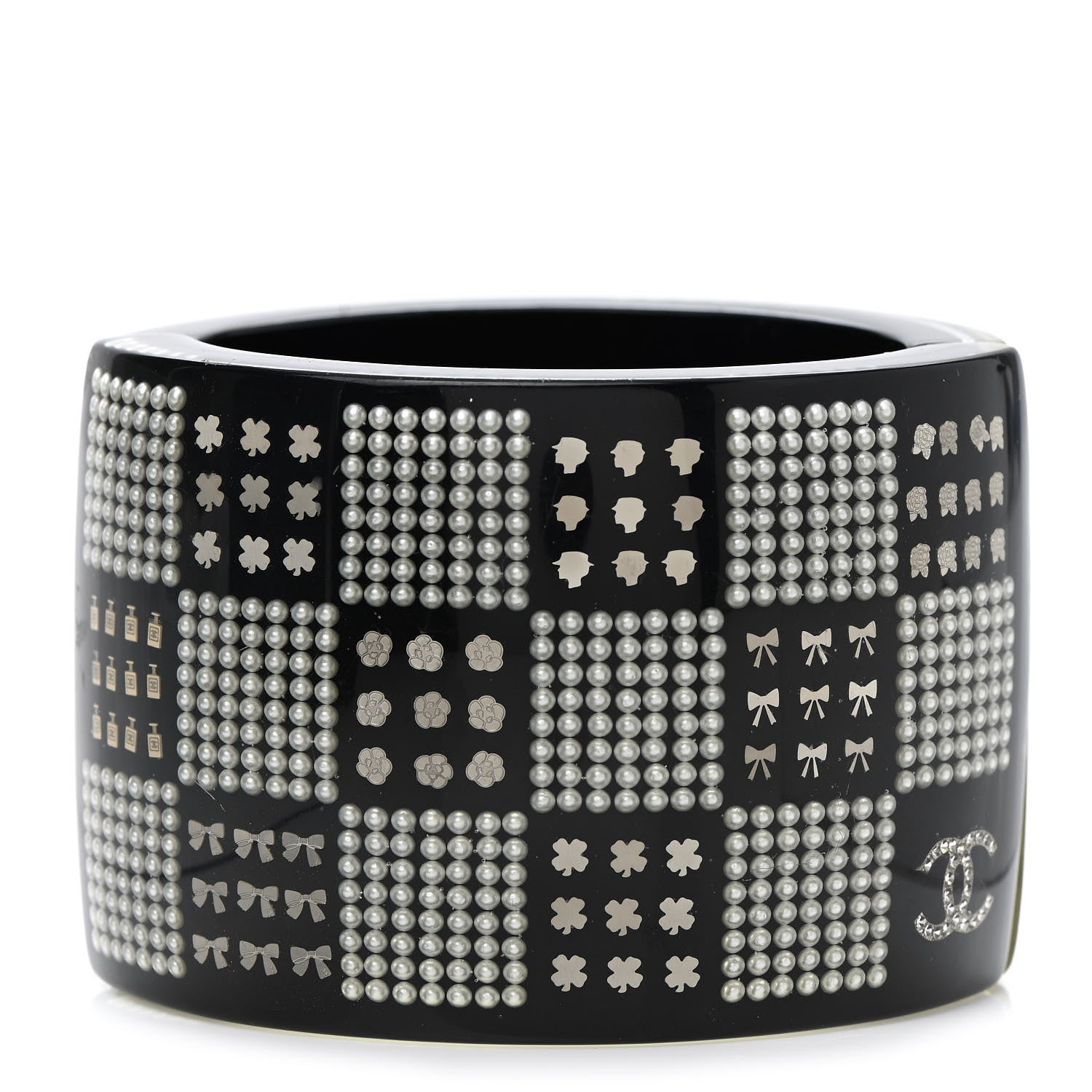 Chanel Resin Pearl Crystal CC Cuff Black 1 of 5