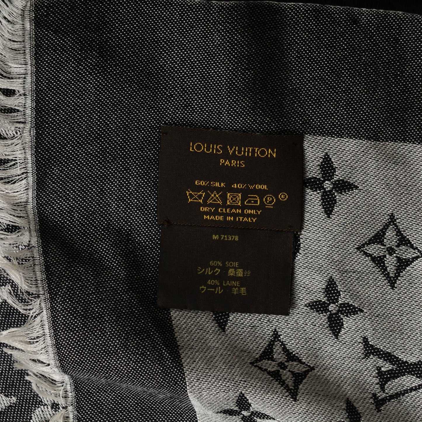 Wool Silk Monogram Denim Shawl Black