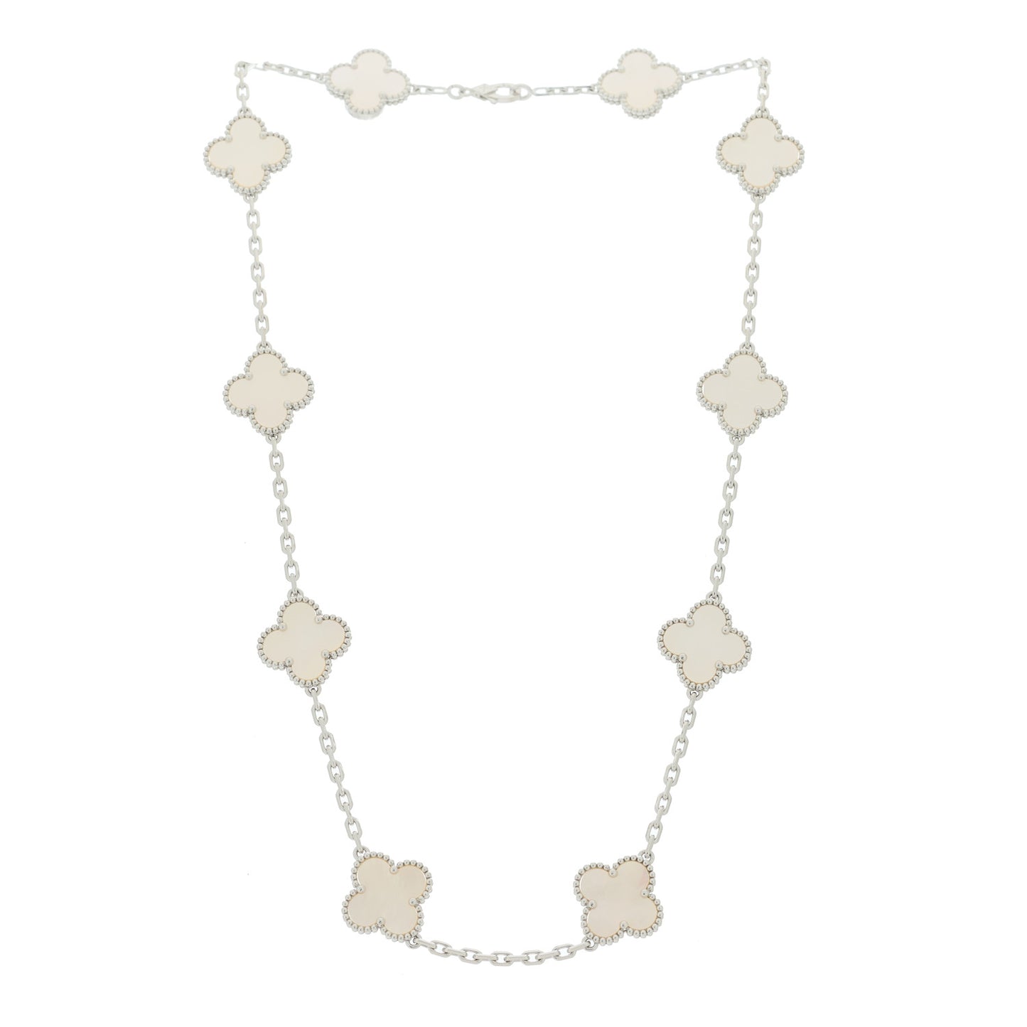 18K White Gold Mother of Pearl 10 Motifs Vintage Alhambra Necklace