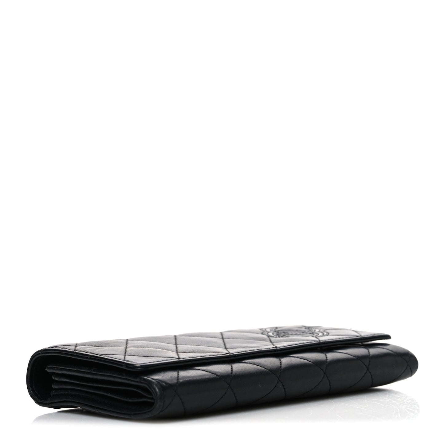 Calfskin Quilted Cambon Gusset Flap Wallet Black
