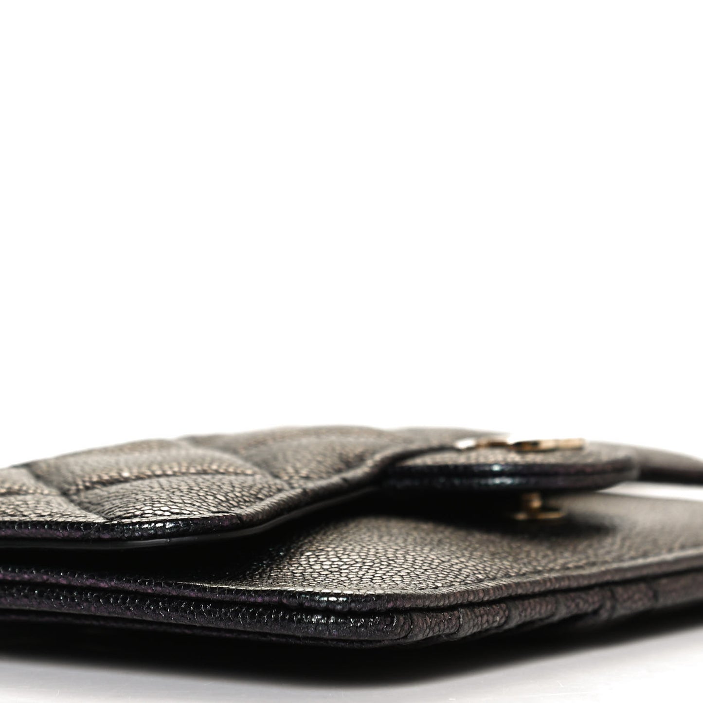 Iridescent Caviar Quilted Flap Zip Card Holder Black