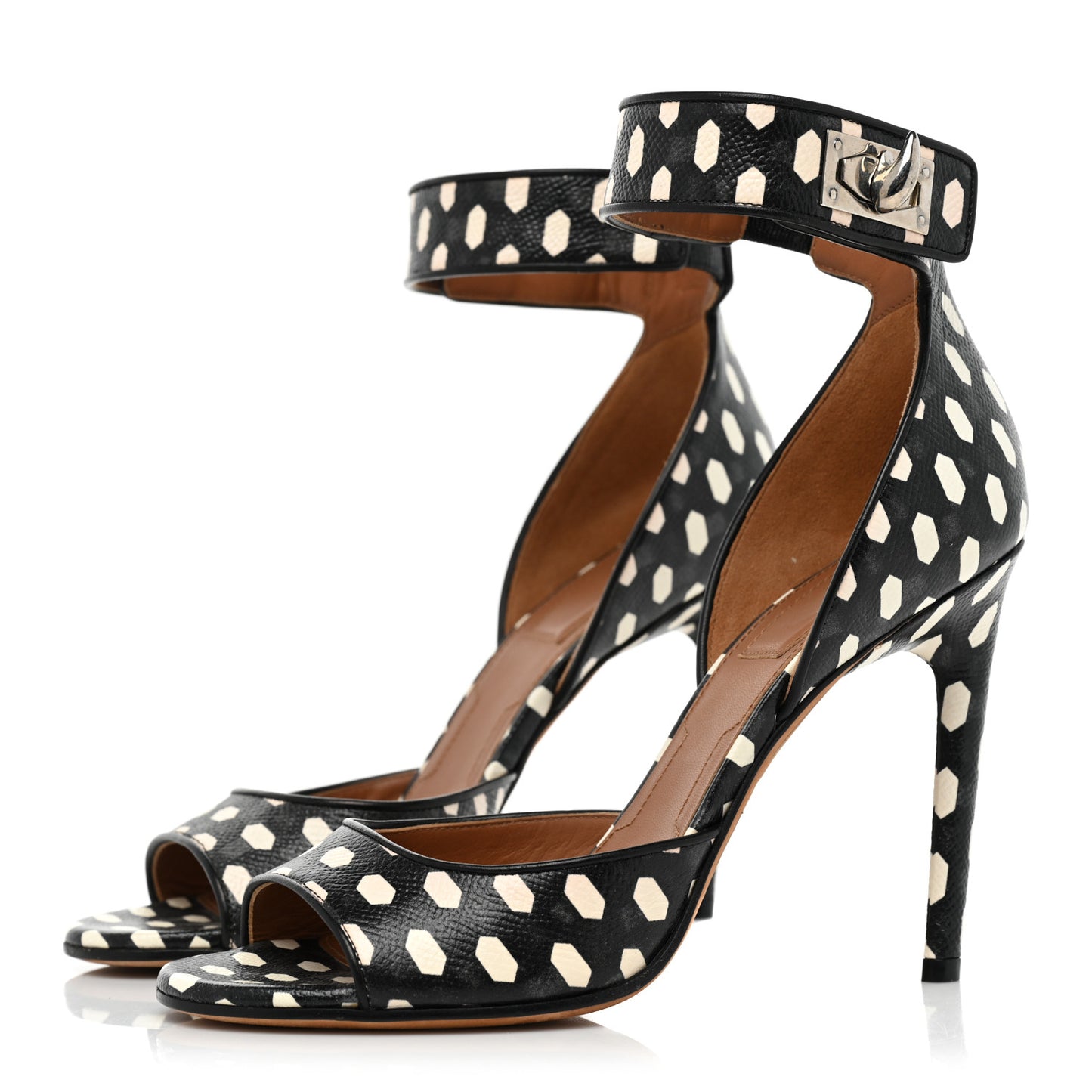 Lambskin Polka Dot Shark Lock Sandals 37.5 Black White