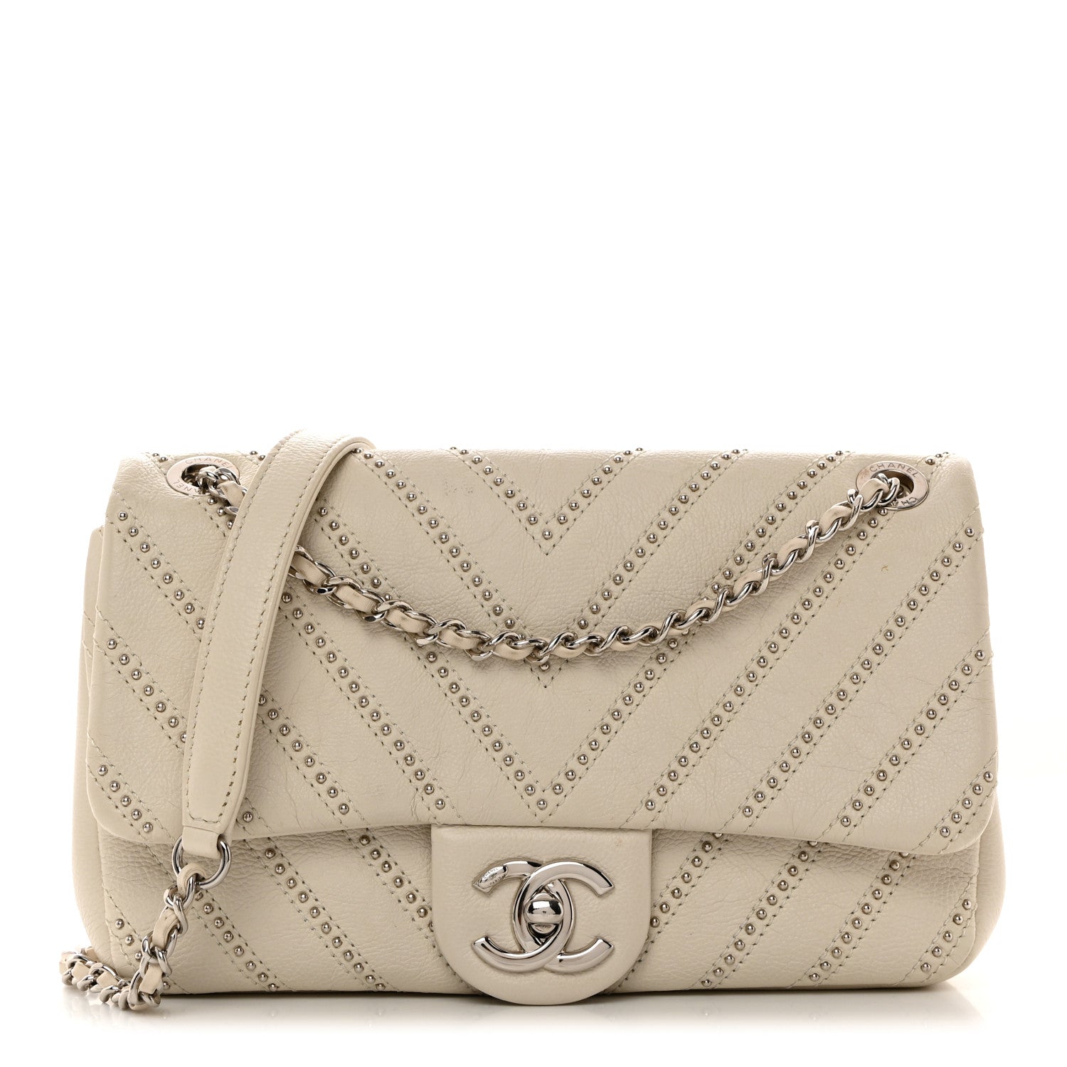 Chanel Calfskin Studded Chevron Quilted Small Stud Wars Flap White 1 of 10