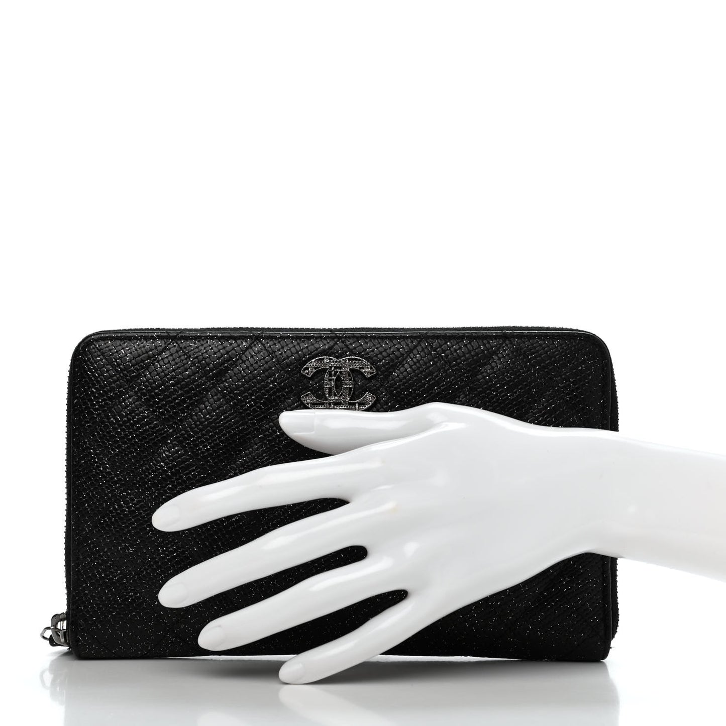 Glittered Calfskin Quilted Large Gusset Zip Wallet Black