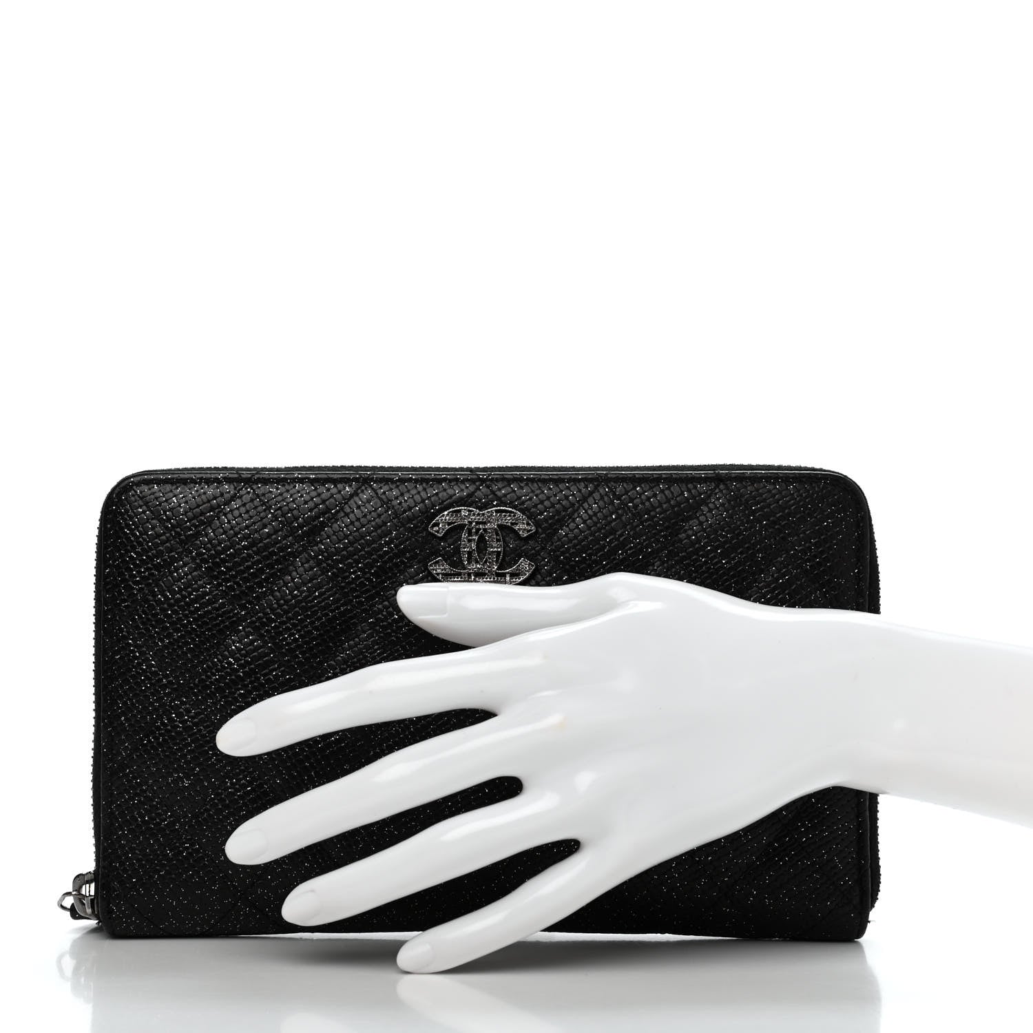 Chanel Glittered Calfskin Quilted Large Gusset Zip Wallet Black 2 of 12