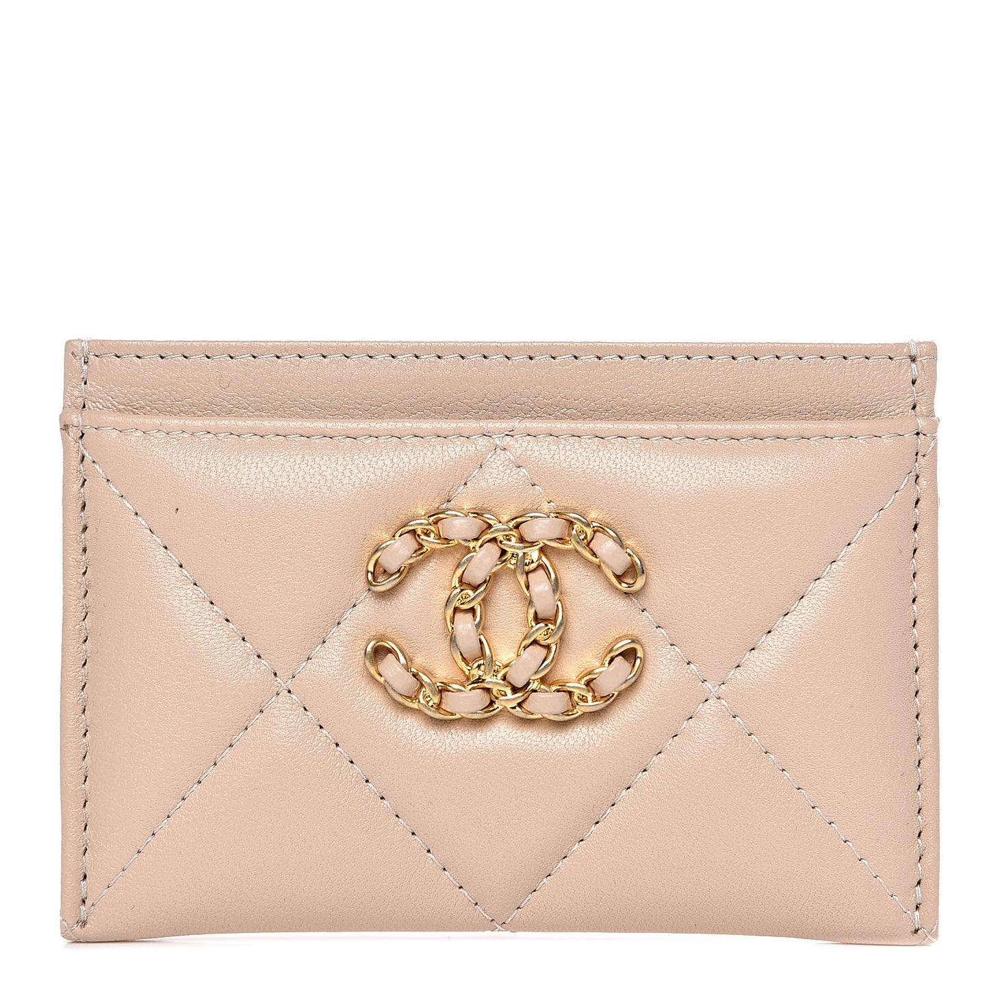 Shiny Goatskin Quilted Chanel 19 Card Holder Beige