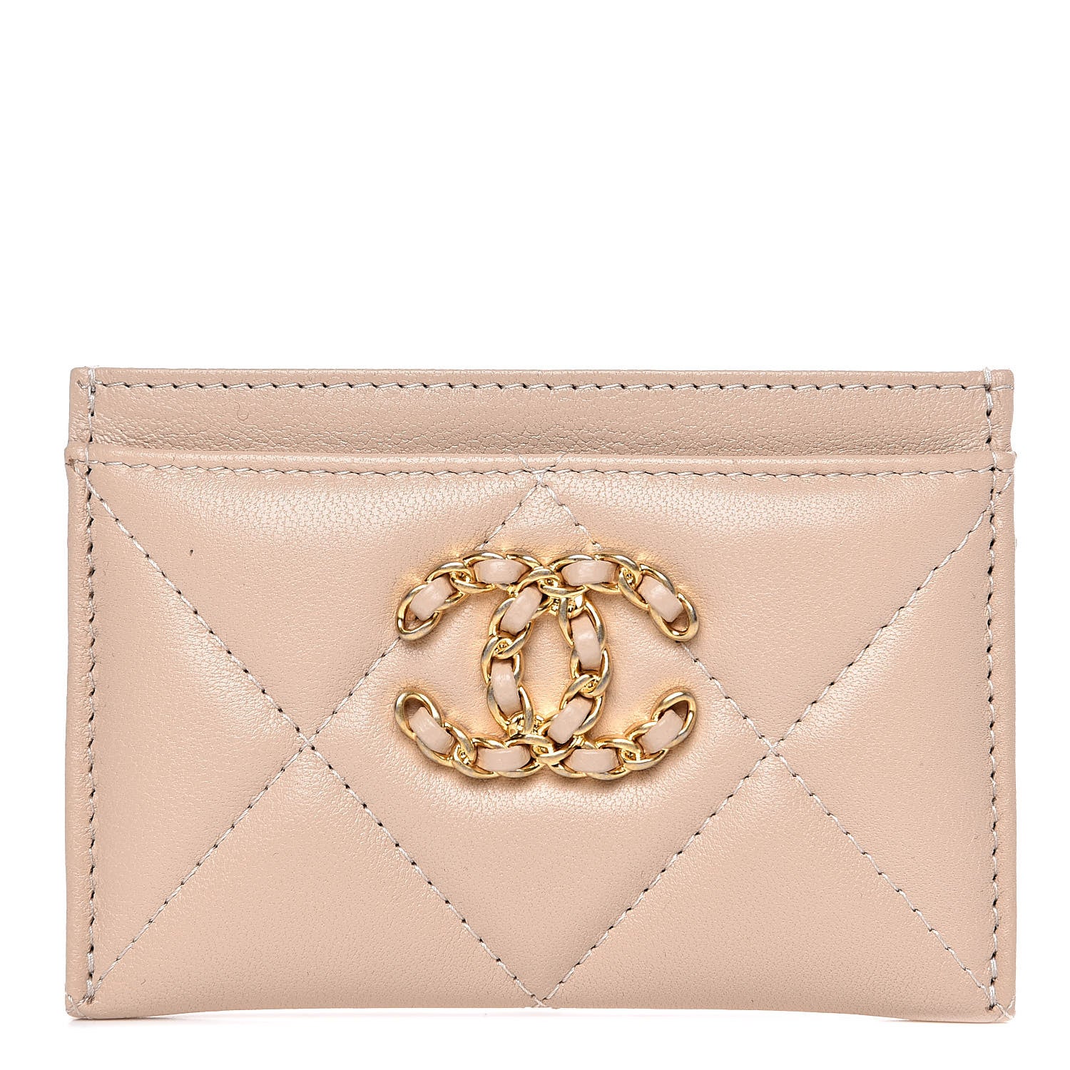 Chanel Shiny Goatskin Quilted Chanel 19 Card Holder Beige 1 of 10