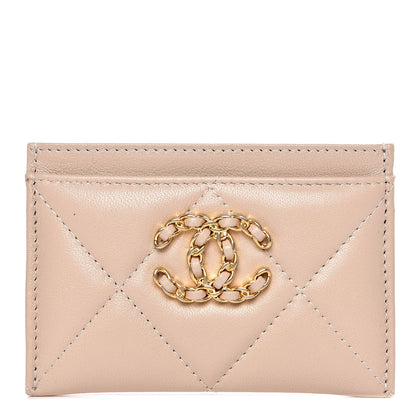 Chanel Shiny Goatskin Quilted Chanel 19 Card Holder Beige 1 of 10