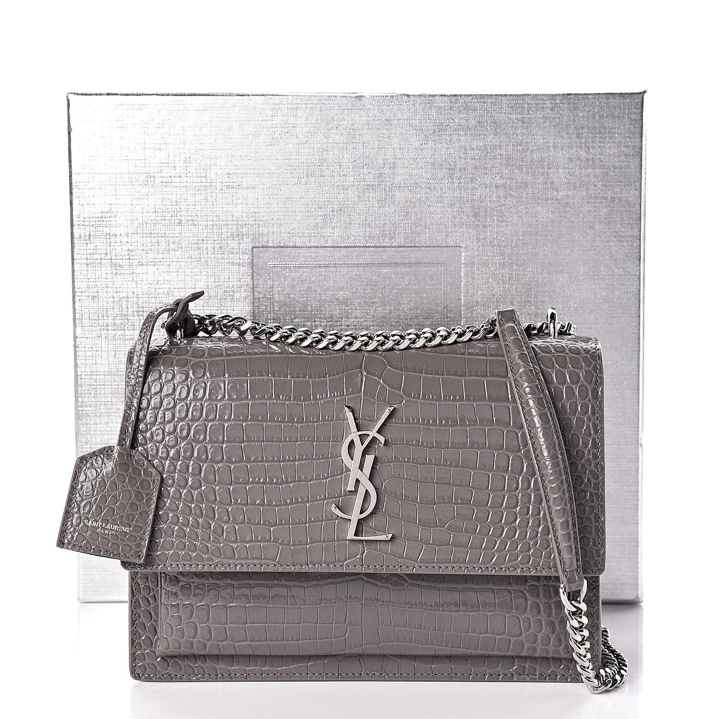 Calfskin Crocodile Embossed Medium Monogram Sunset Fog