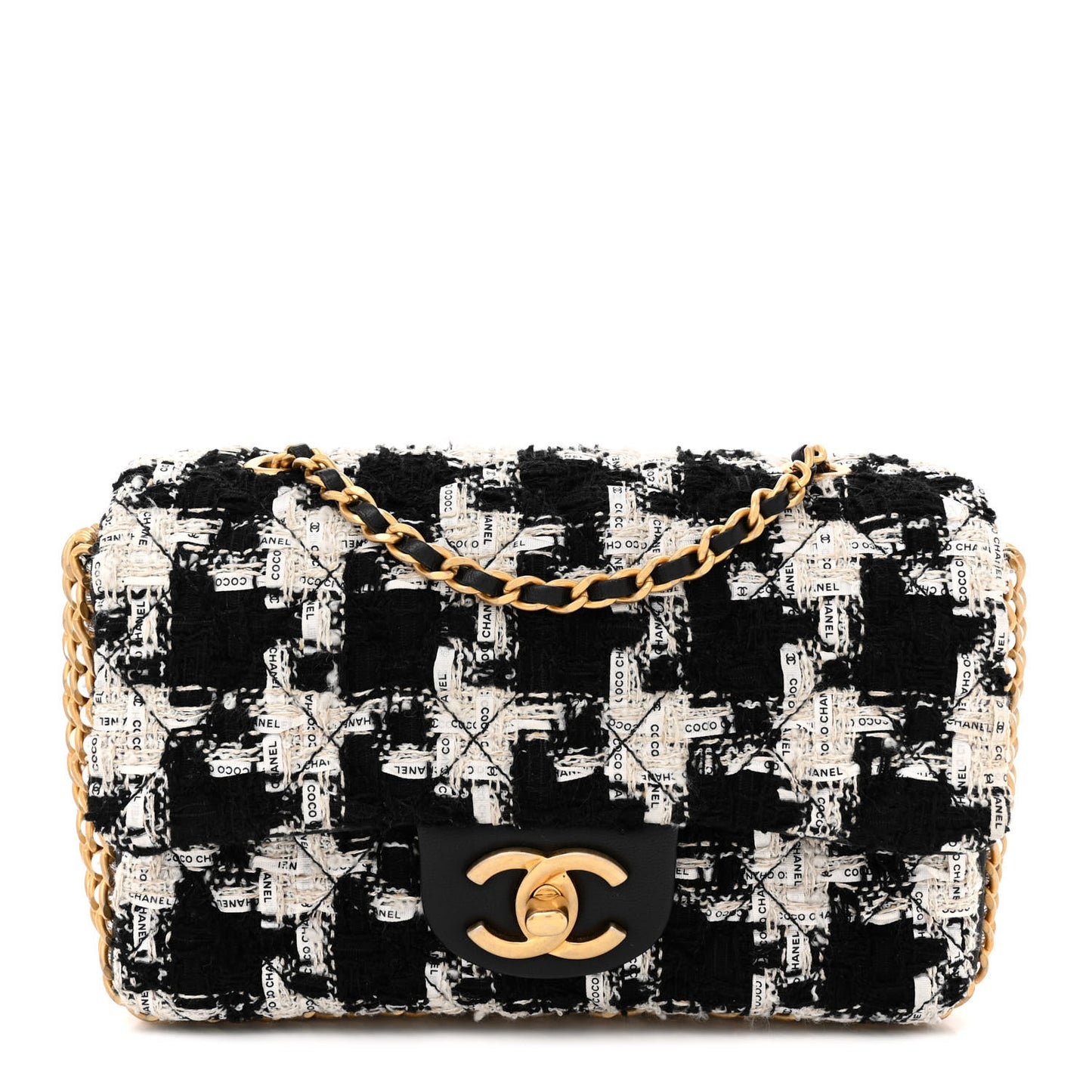 Tweed Quilted Mini Side Pearl Flap Bag Black Ecru White