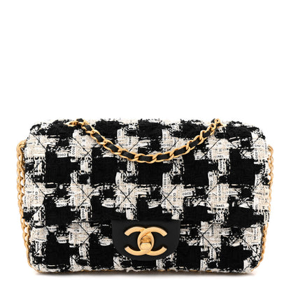 Chanel Tweed Quilted Mini Side Pearl Flap Bag Black Ecru White 1 of 12