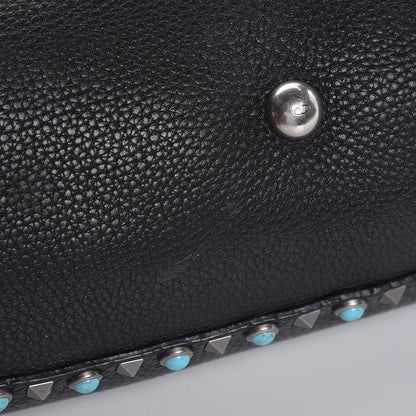 Valentino Garavani Grained Calfskin Turquoise Medium Rockstud Rolling Tote Black 10 of 13