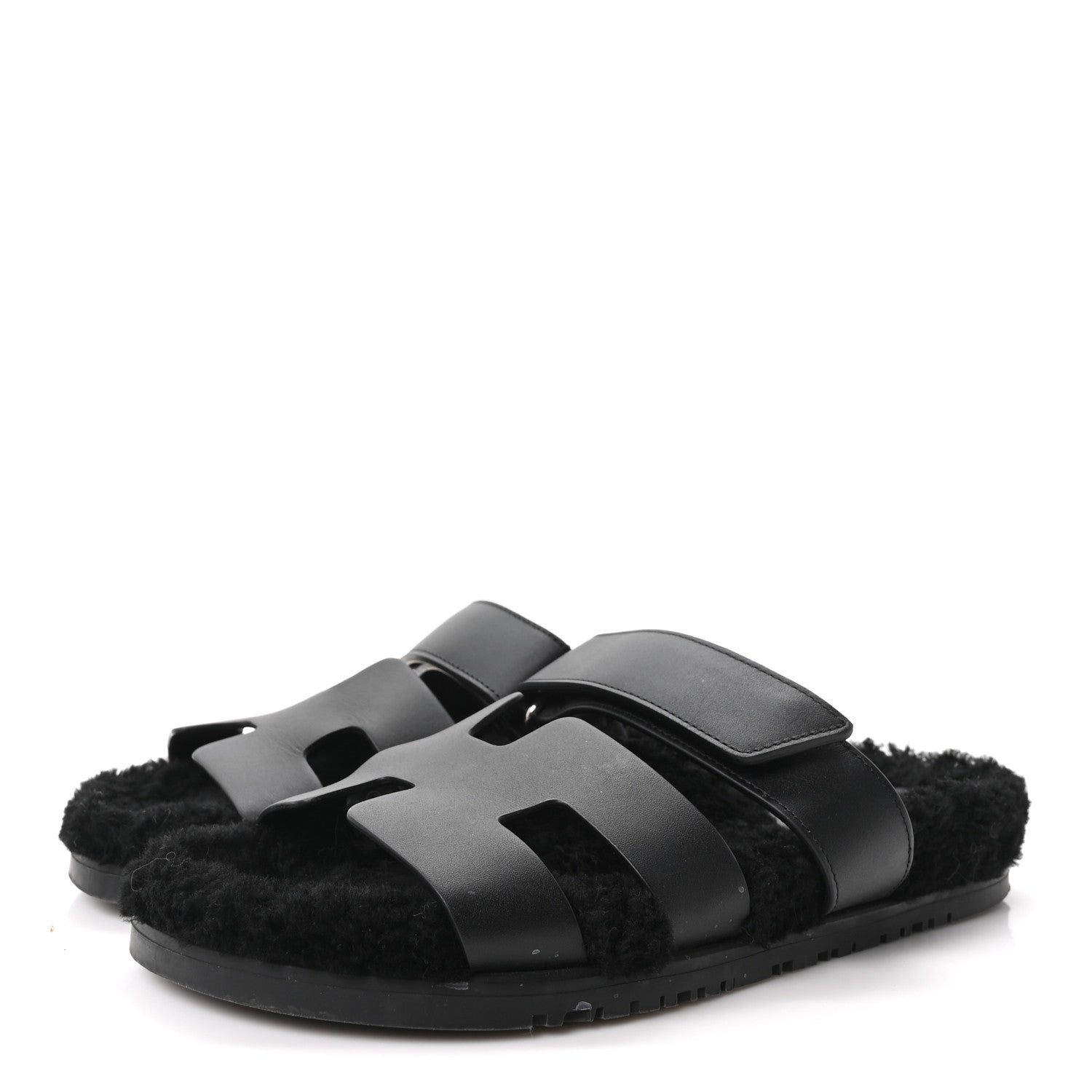 Hermes Calfskin Woolskin Womens Chypre Sandals 39 Black 4 of 10