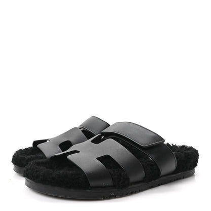 Hermes Calfskin Woolskin Womens Chypre Sandals 39 Black 4 of 10