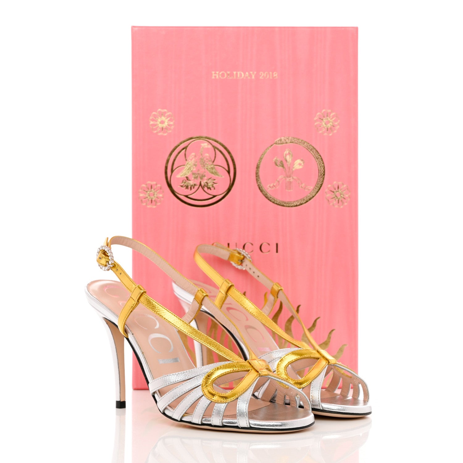 Gucci Metallic Nappa Crystal Zephyra Slingback High Heel Sandals 36.5 Silver Gold 10 of 10