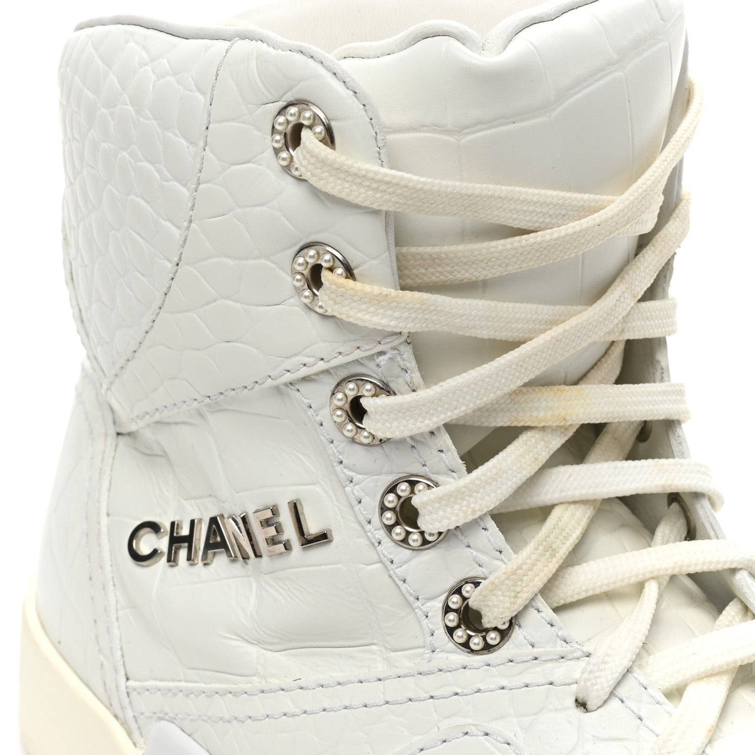 Chanel Calfskin Crocodile Embossed Cocodile High Top Sneakers 39.5 White 11 of 13