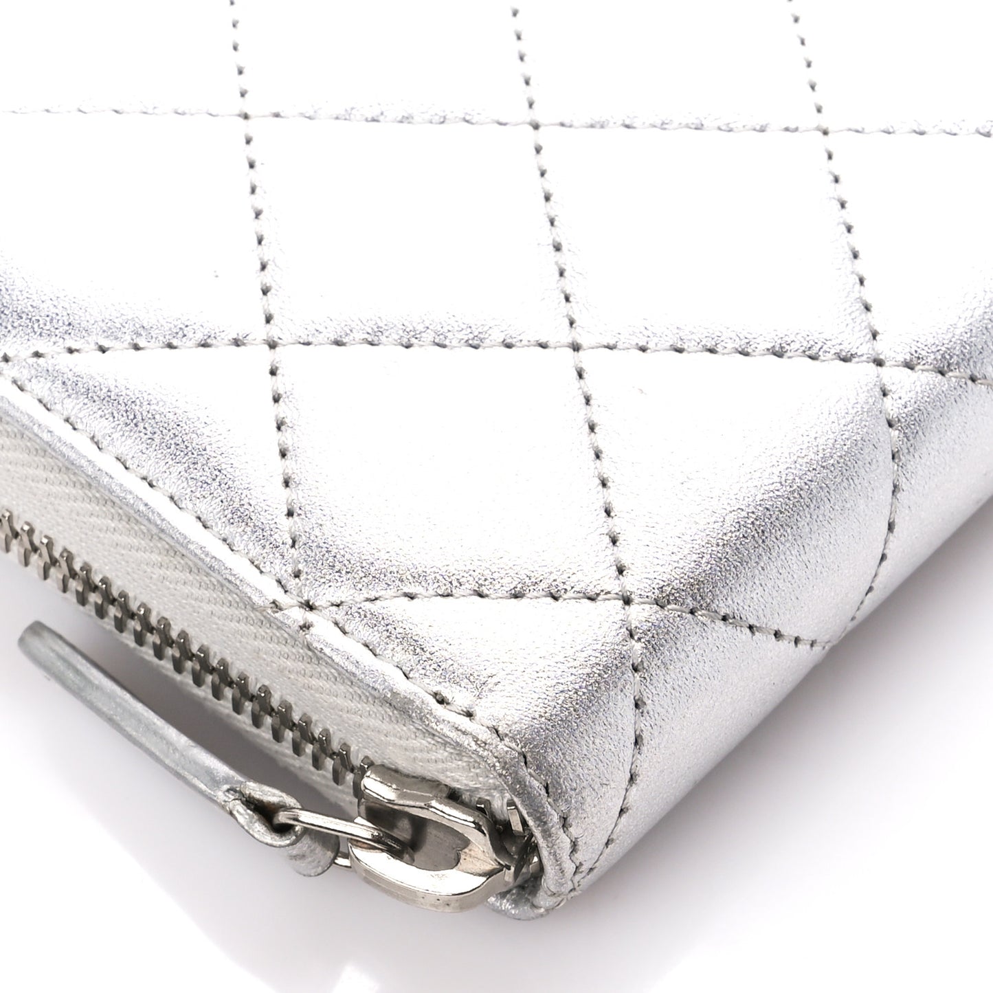 Metallic Lambskin Quilted Large Gusset Zip Around Wallet Silver