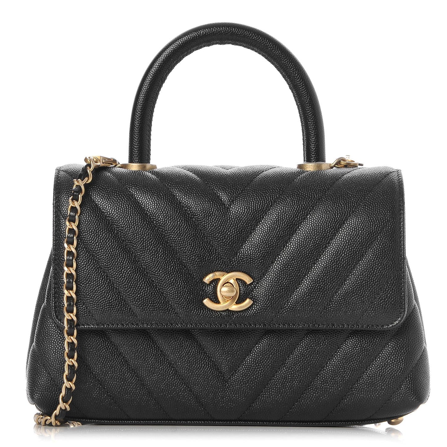 Caviar Chevron Quilted Mini Coco Handle Flap Black