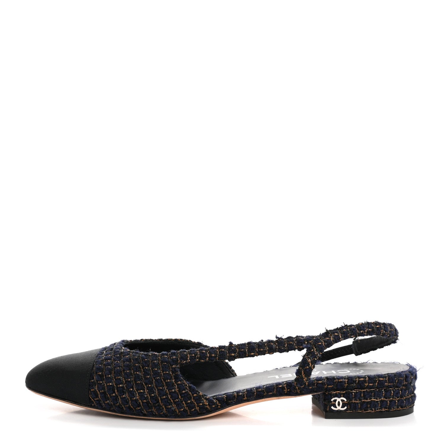 Chanel Tweed Grosgrain Cap Toe CC Slingback Flats  40 Blue Gold 1 of 14