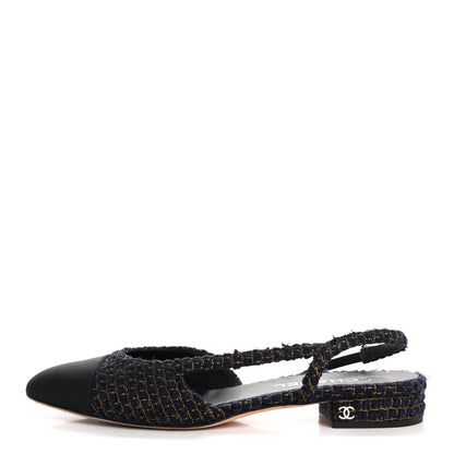 Chanel Tweed Grosgrain Cap Toe CC Slingback Flats  40 Blue Gold 1 of 14