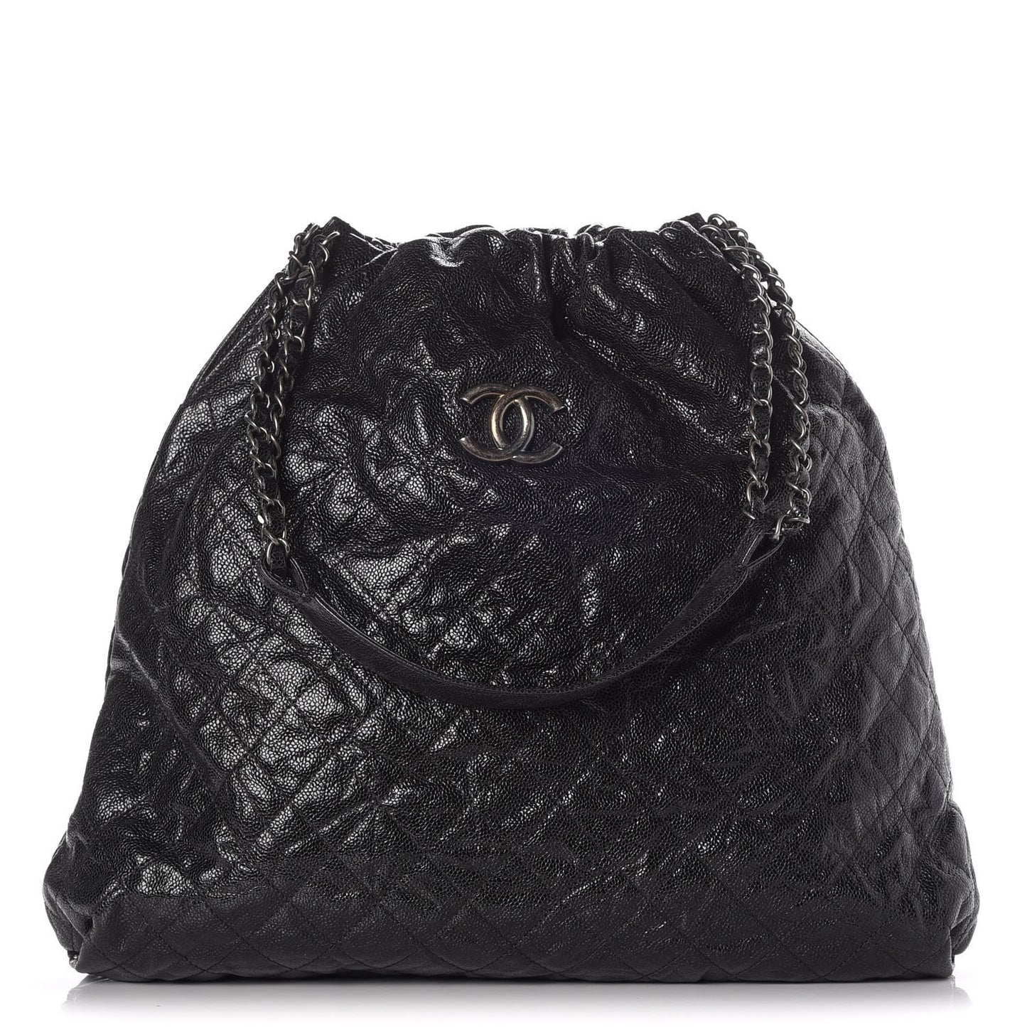 Distressed Glazed Caviar Quilted Large Elastic Tote Black