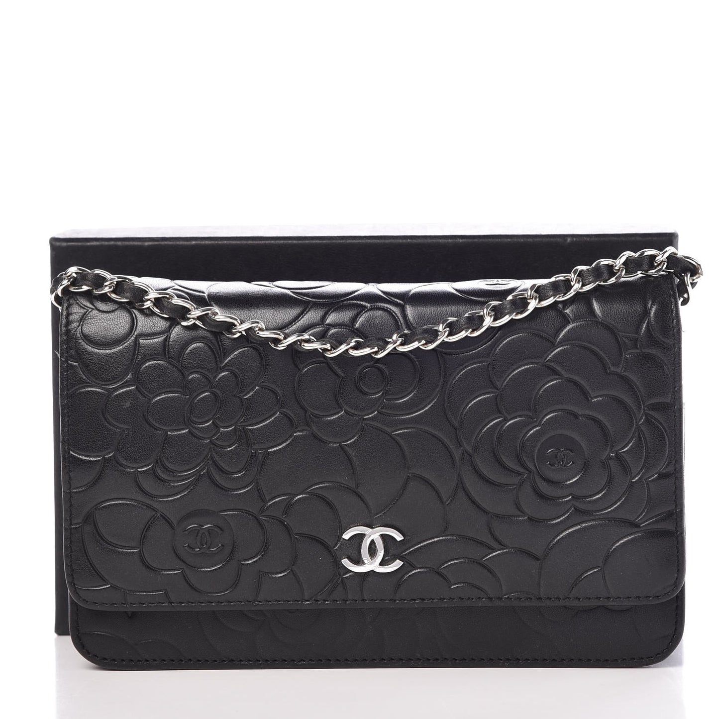 Lambskin Camellia Embossed Wallet on Chain WOC Black