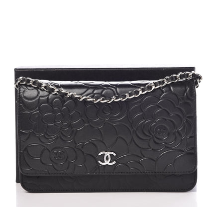 Chanel Lambskin Camellia Embossed Wallet on Chain WOC Black 9 of 9
