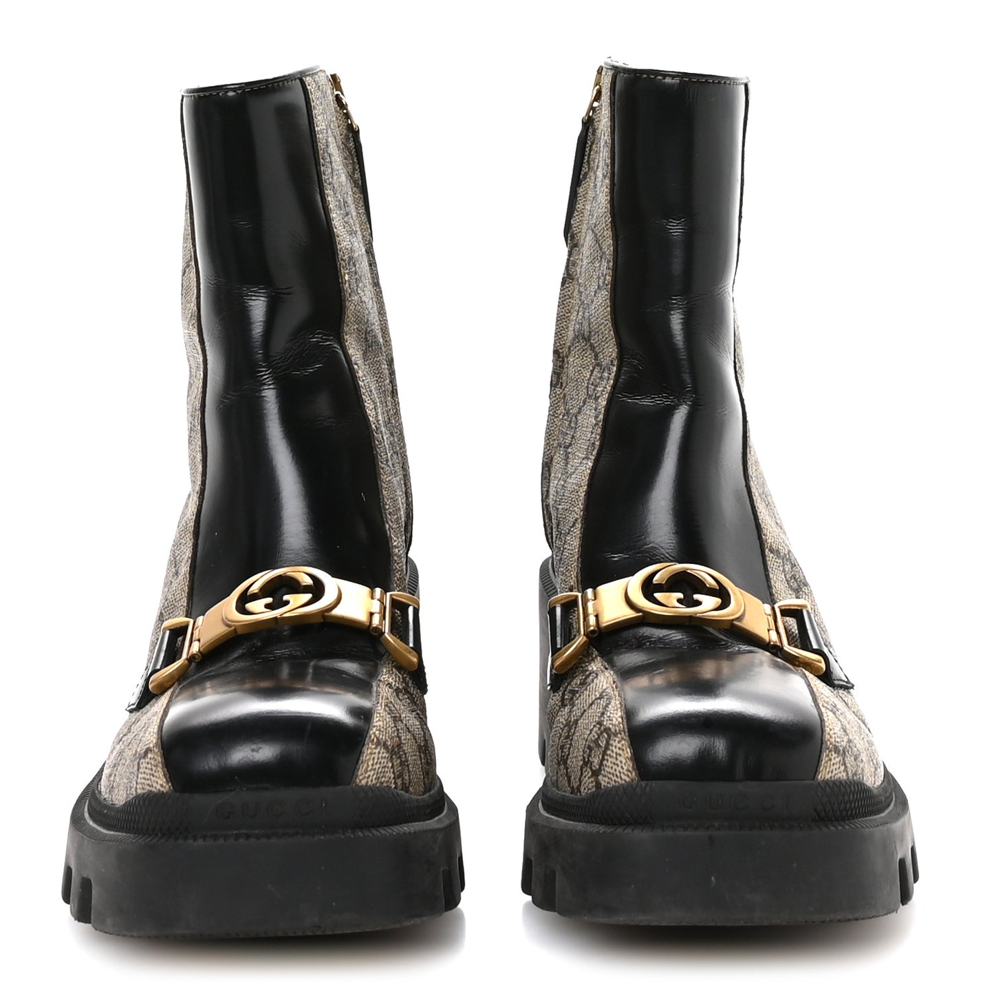 GG Supreme Monogram Magnum Calfskin Interlocking G Womens Lug Sole Ankle Boots 37 Beige Ebony Black
