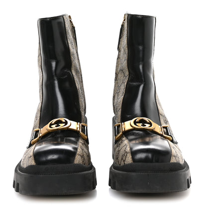 Gucci GG Supreme Monogram Magnum Calfskin Interlocking G Womens Lug Sole Ankle Boots 37 Beige Ebony Black 3 of 8