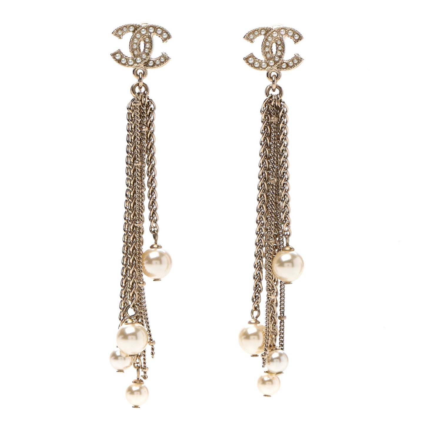 Glass Pearl CC Long Drop Earrings Gold