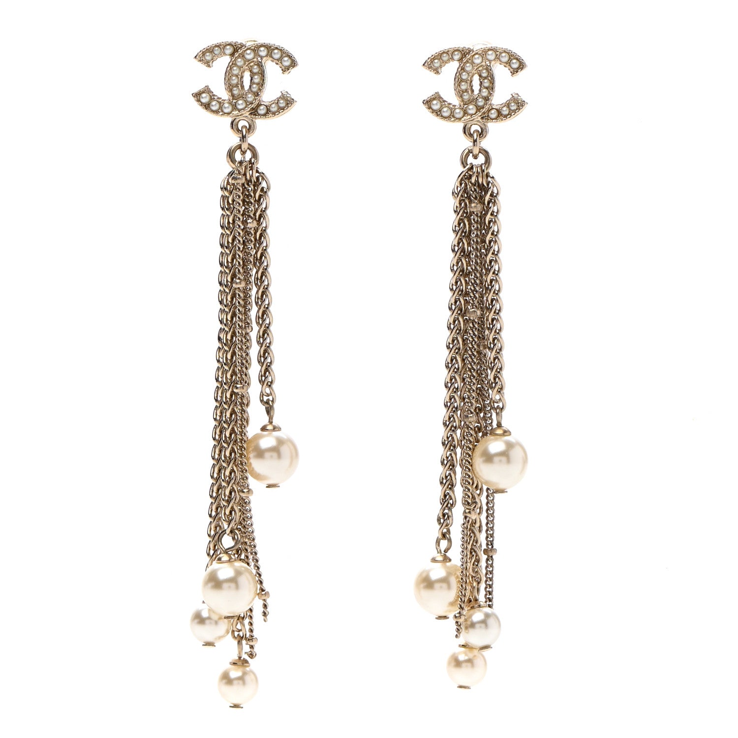 Chanel Glass Pearl CC Long Drop Earrings Gold 1 of 4
