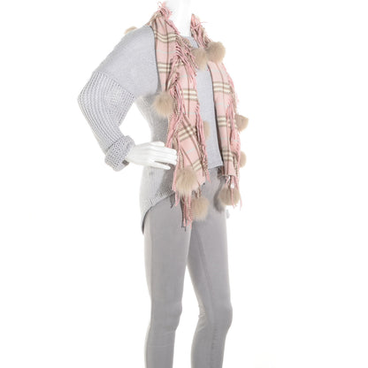Burberry Cashmere Fox Fur Candy Check Pom Pom Scarf Pink 2 of 4
