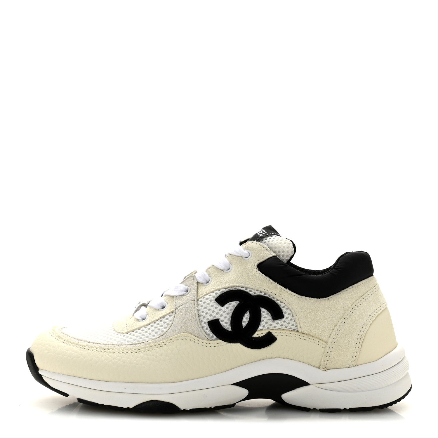 Chanel Mesh Suede Calfskin Grained Calfskin Womens CC Sneakers 38.5 White Black 1 of 10