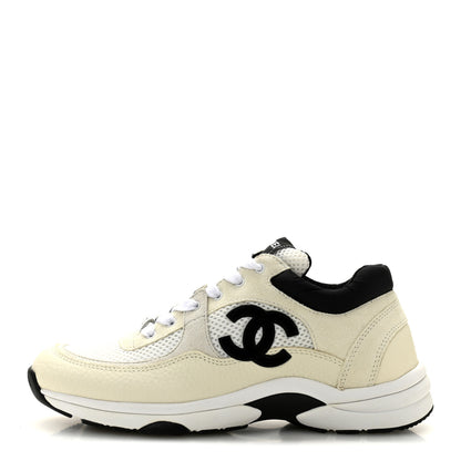 Chanel Mesh Suede Calfskin Grained Calfskin Womens CC Sneakers 38.5 White Black 1 of 10