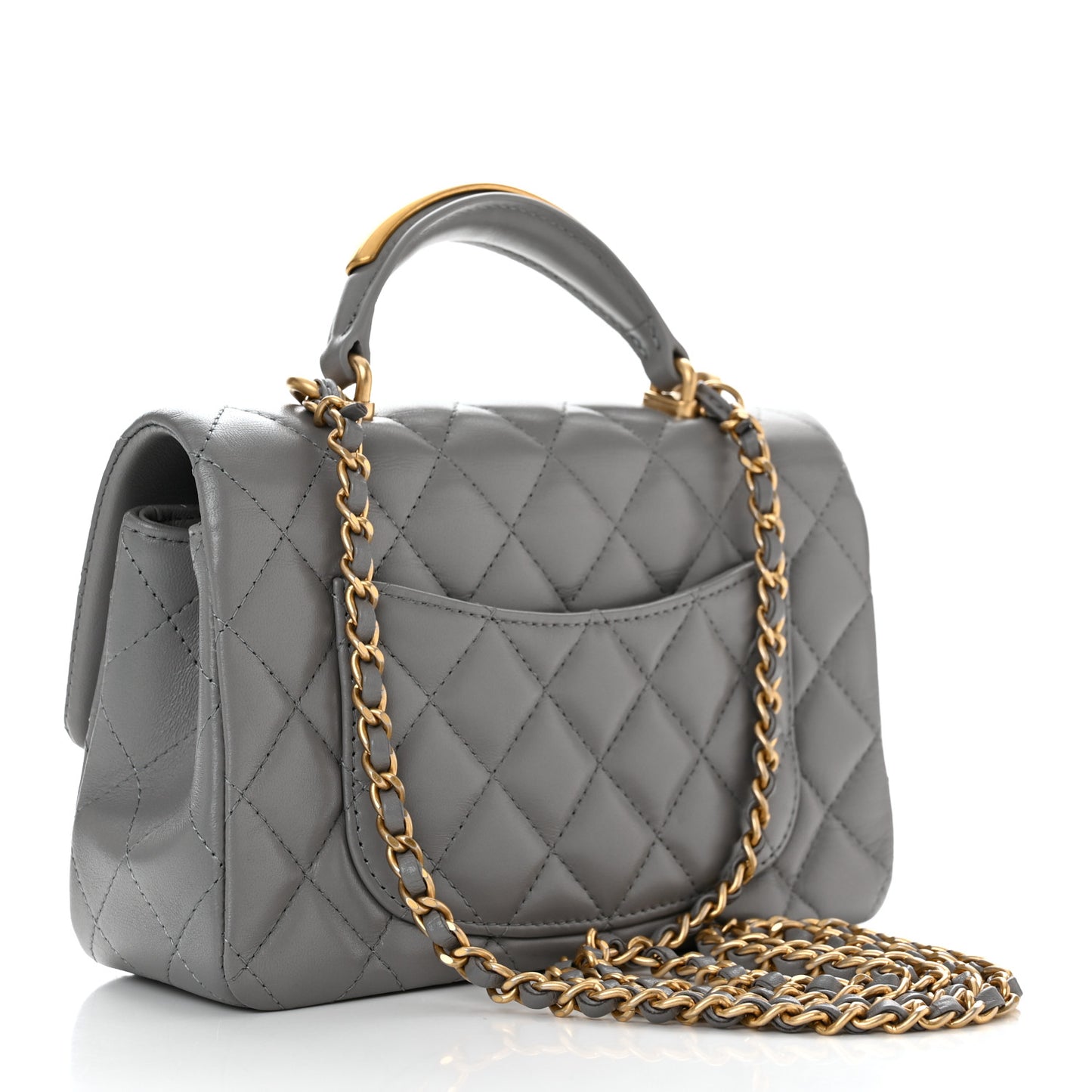 Lambskin Metal Quilted Mini Top Handle Rectangular Flap Grey