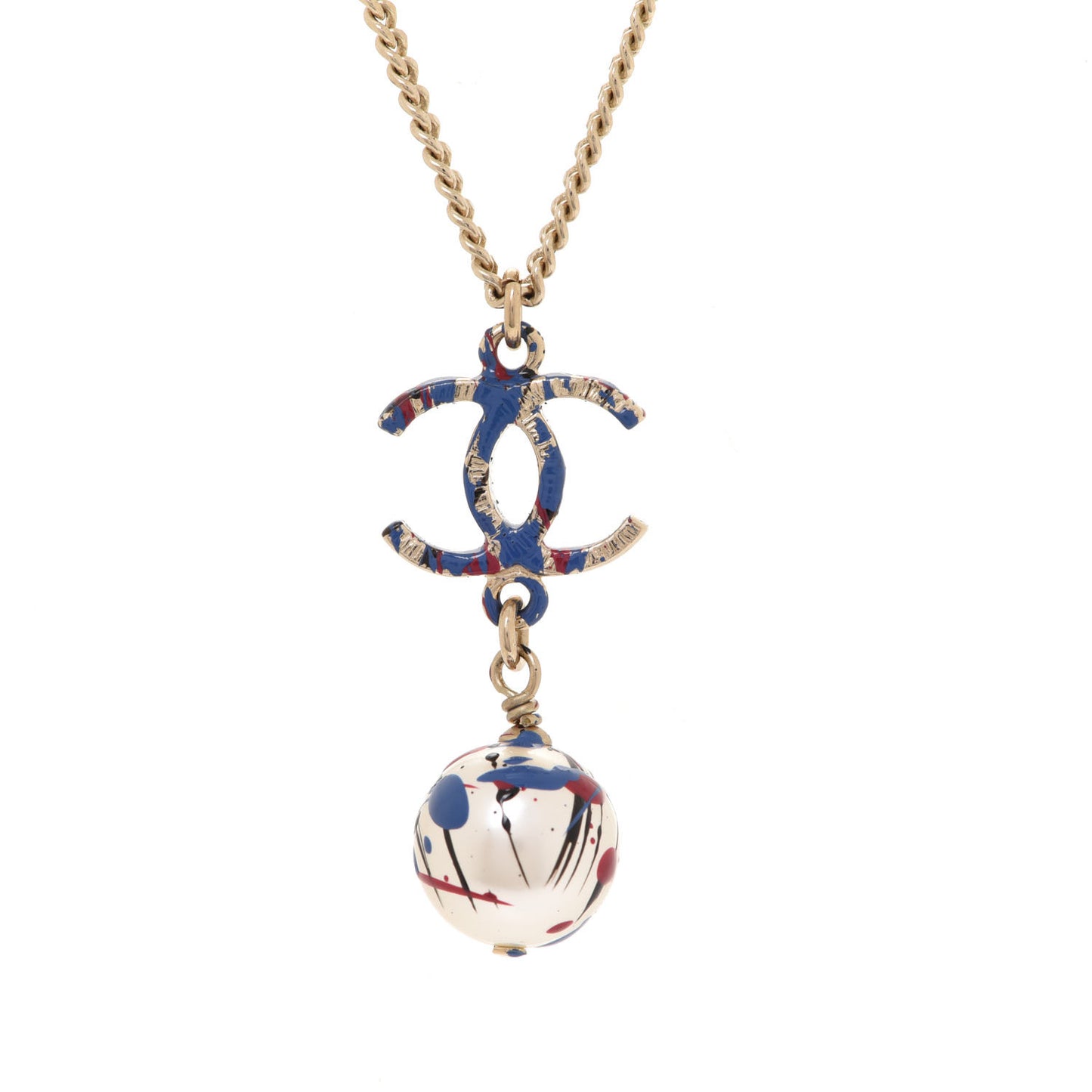 Pearl Bead CC Jackson Pollock Splattered Paint Drop Necklace Black Red Blue