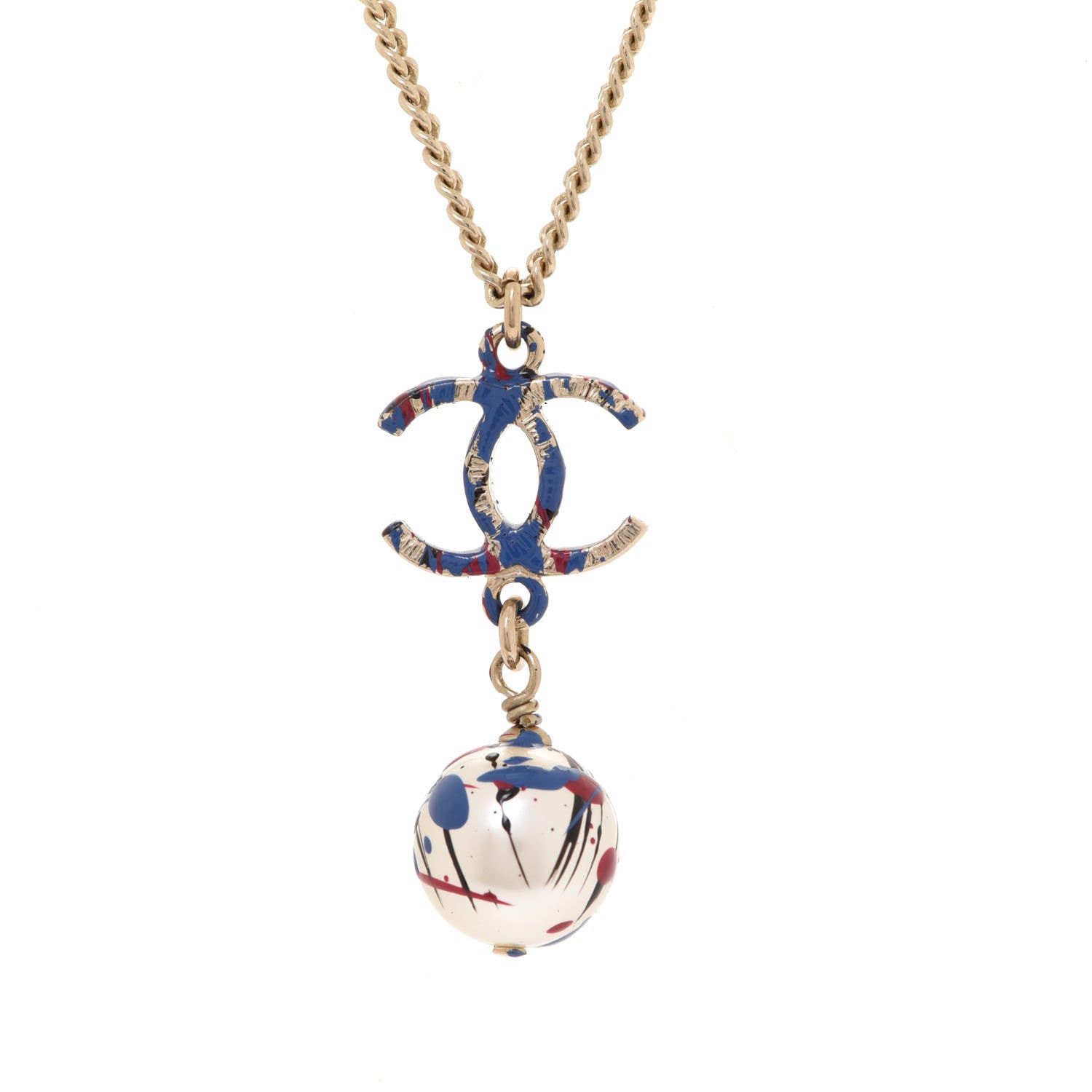 Chanel Pearl Bead CC Jackson Pollock Splattered Paint Drop Necklace Black Red Blue 4 of 6