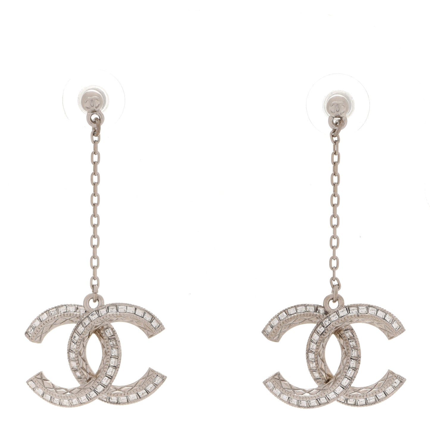 Baguette Crystal CC Drop Earrings Silver