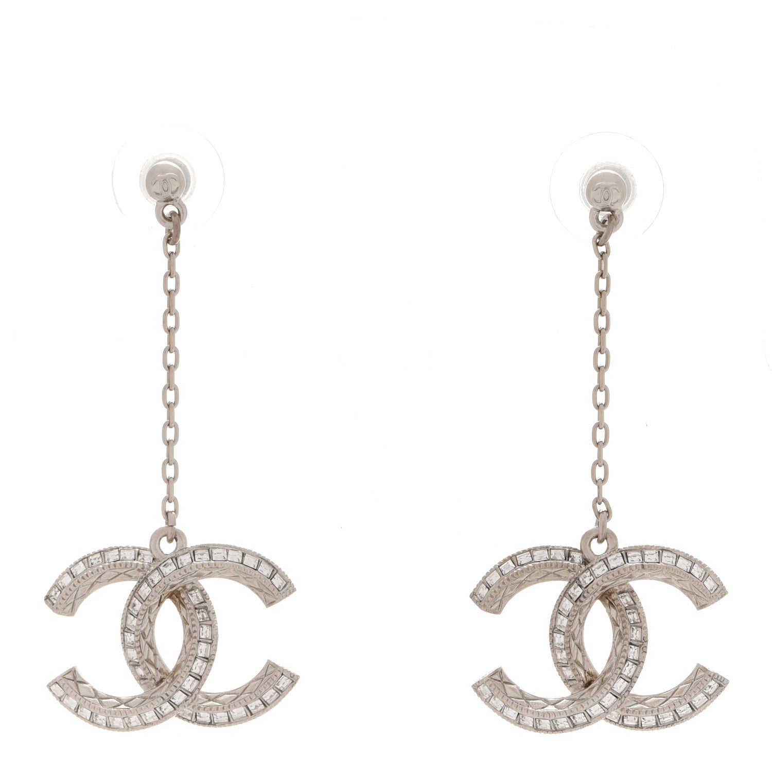 Chanel Baguette Crystal CC Drop Earrings Silver 1 of 5