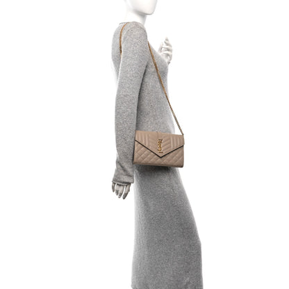 Saint Laurent Grain De Poudre Mixed Matelasse Triquilt Monogram Chain Wallet Dark Beige 2 of 14